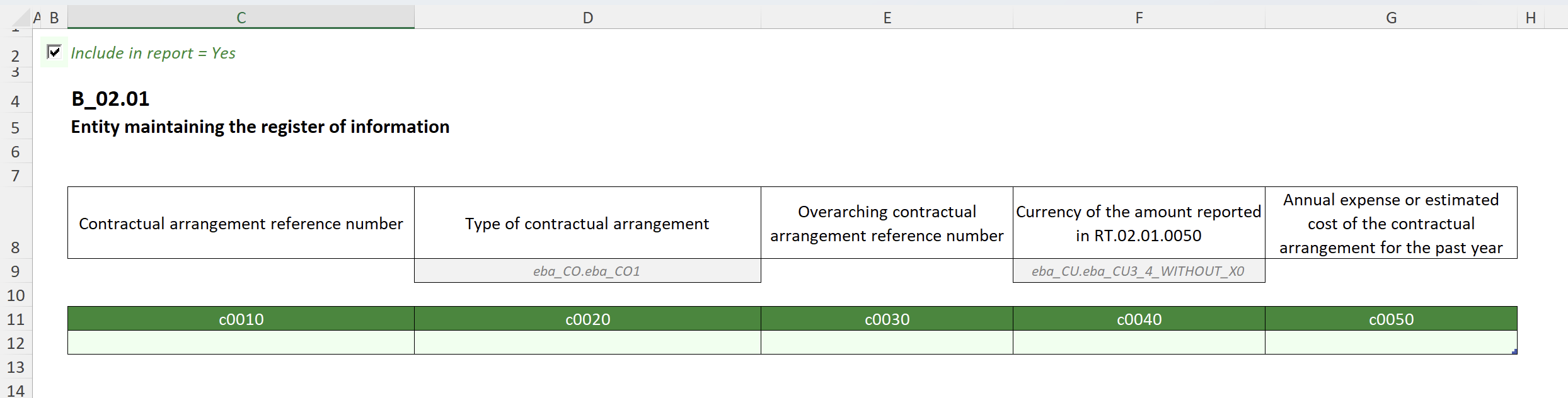 Screenshot of a DORA template file open in Excel