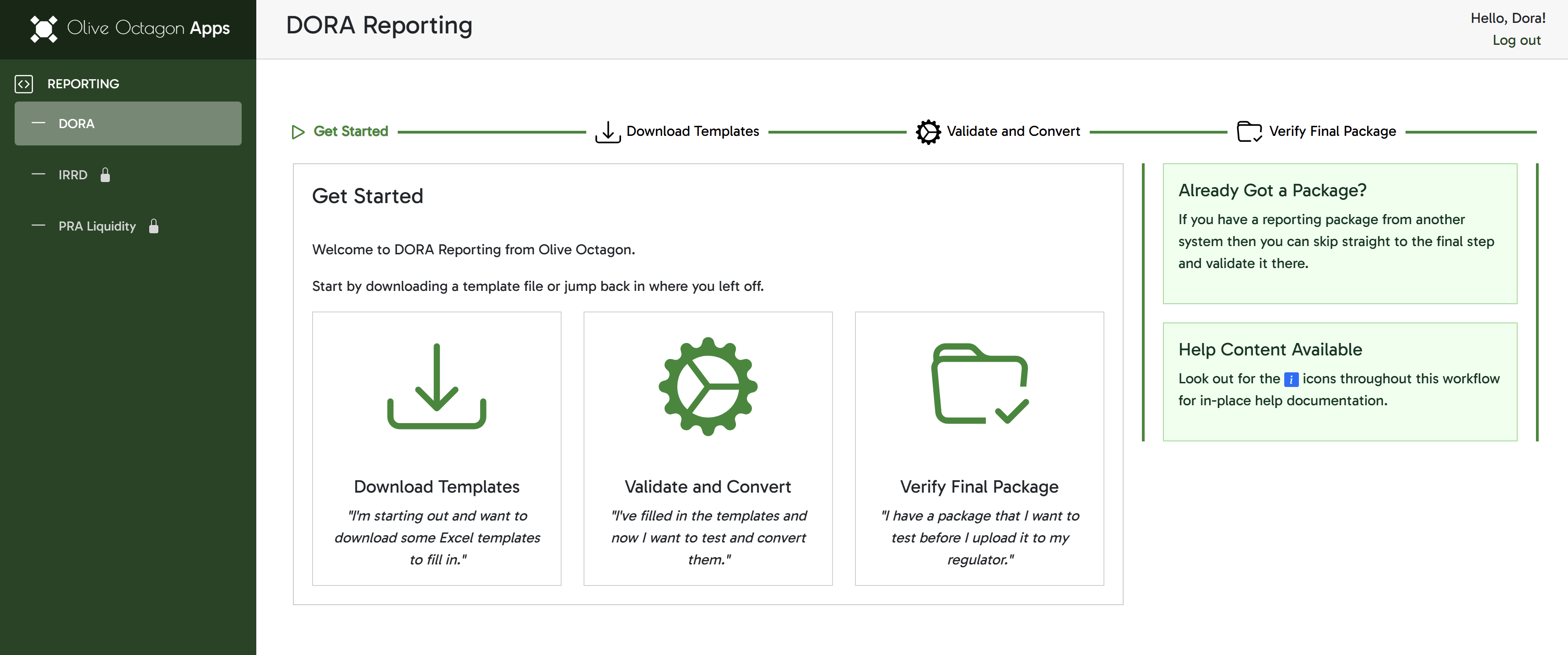 Screenshot of the DORA workflow home screen