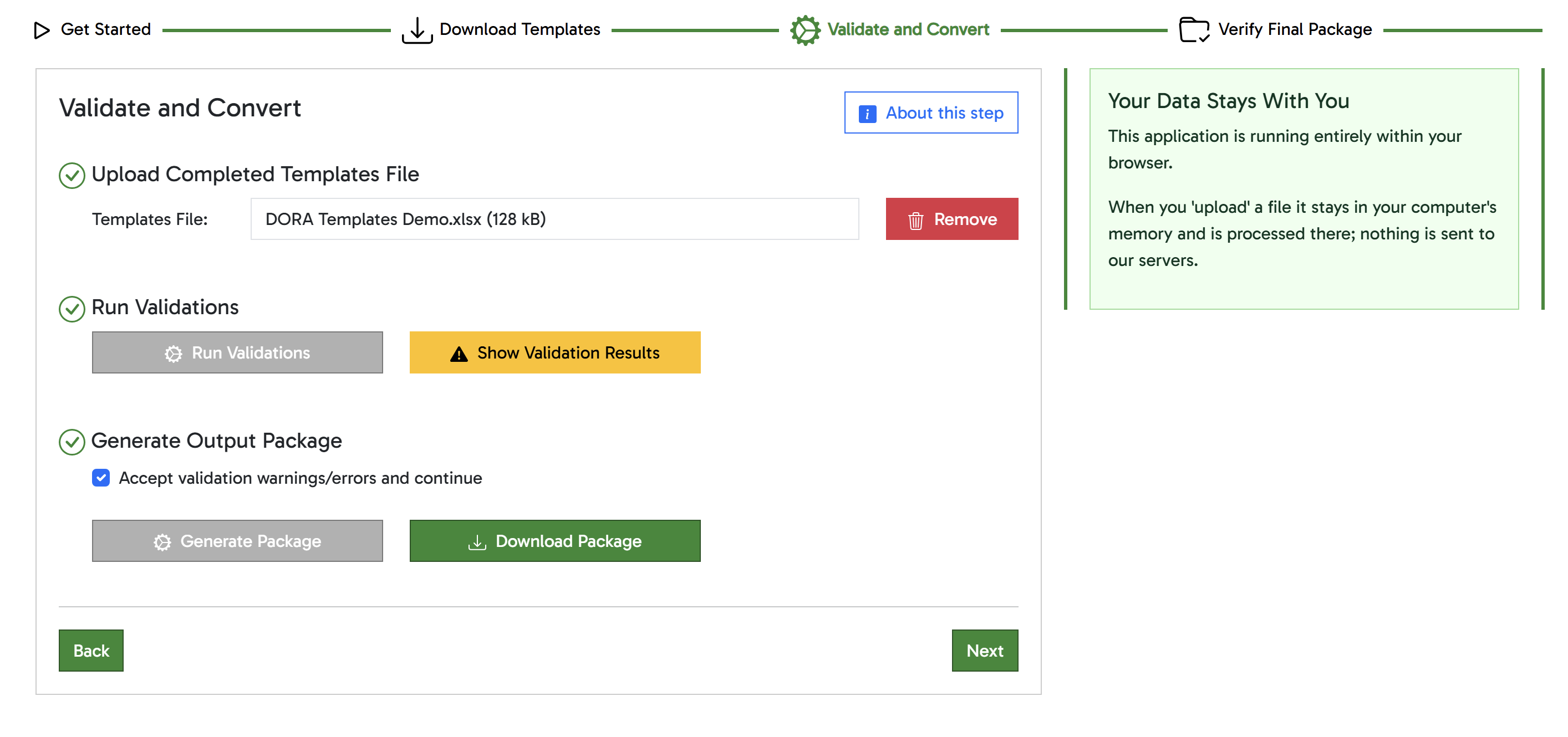 Screenshot of the validate and convert screen in the browser application