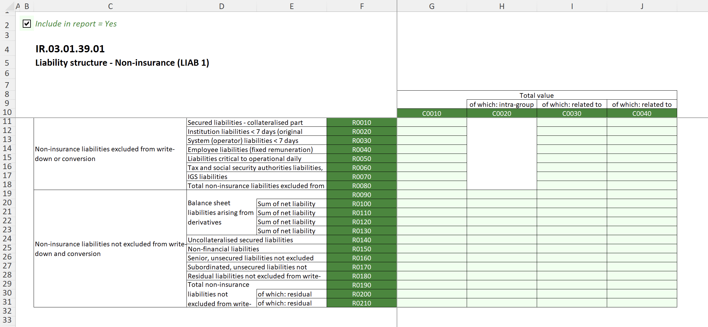 Screenshot of a IRRD template file open in Excel