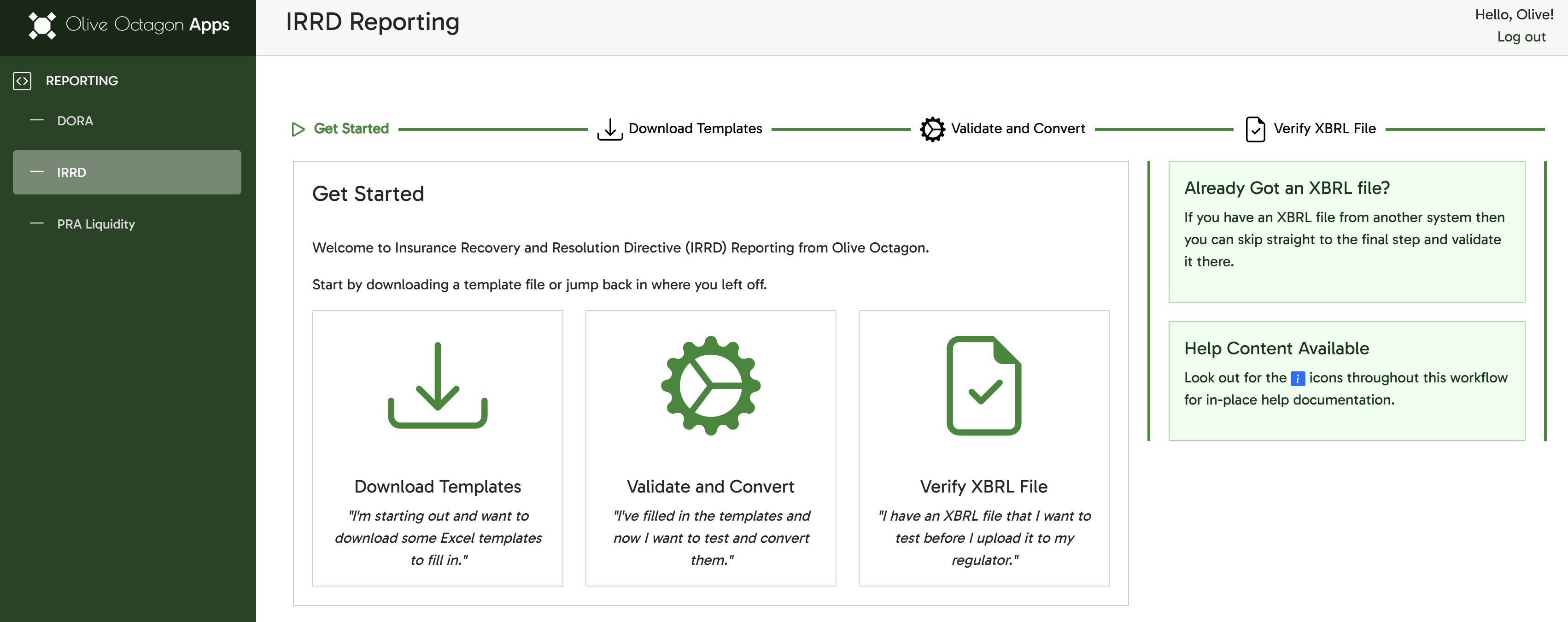 Screenshot of the IRRD workflow home screen