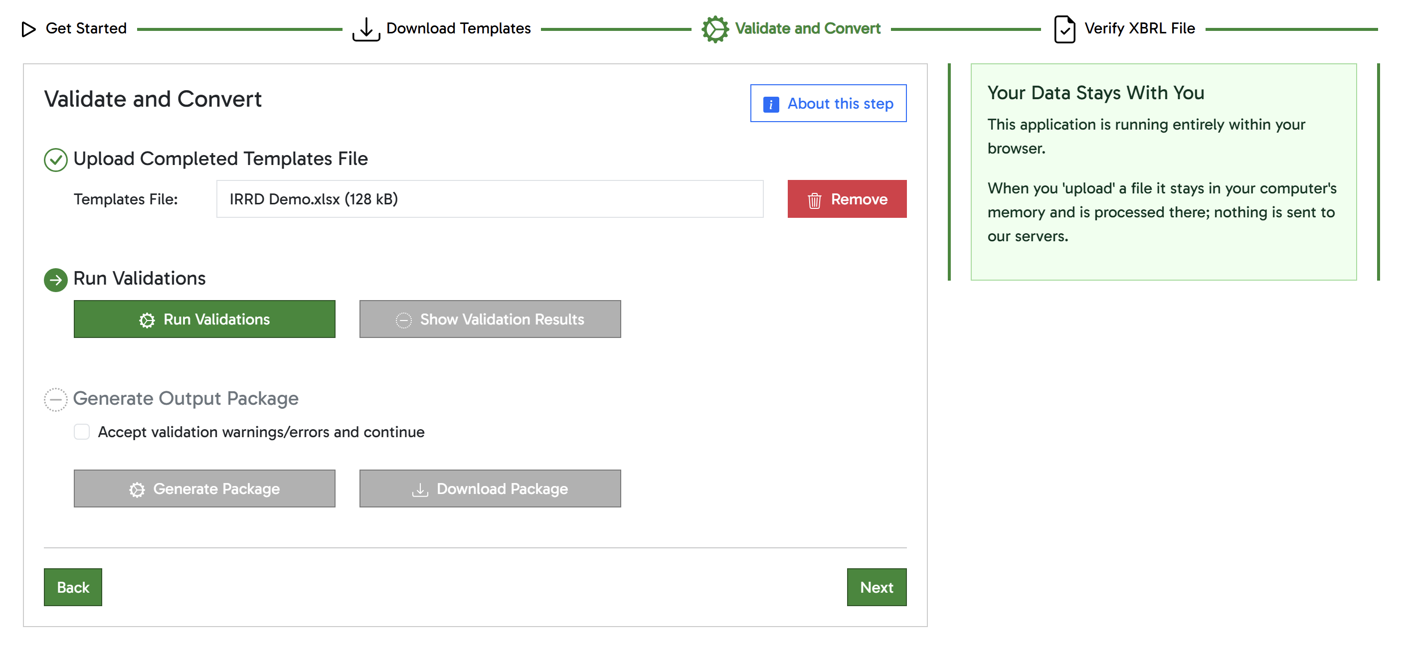 Screenshot of the validate and convert screen in the browser application