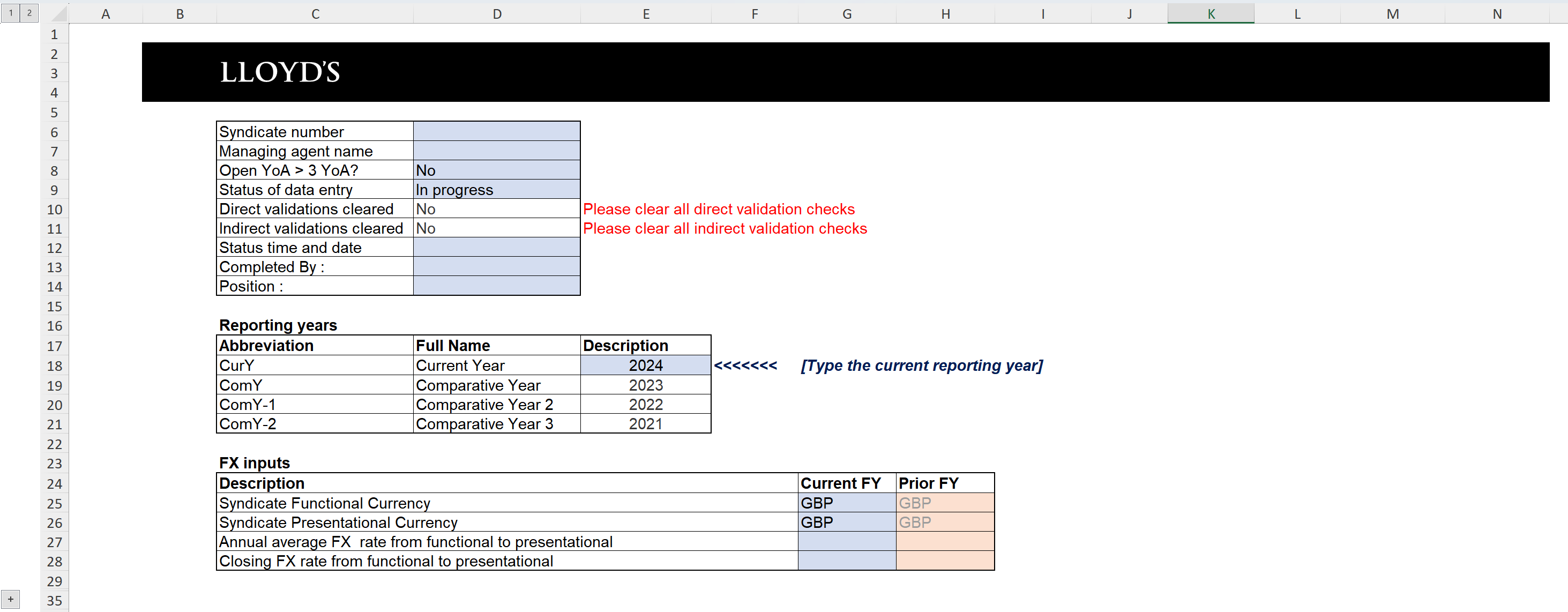 Screenshot of the Lloyd's Schedule 3 templates Key Inputs page