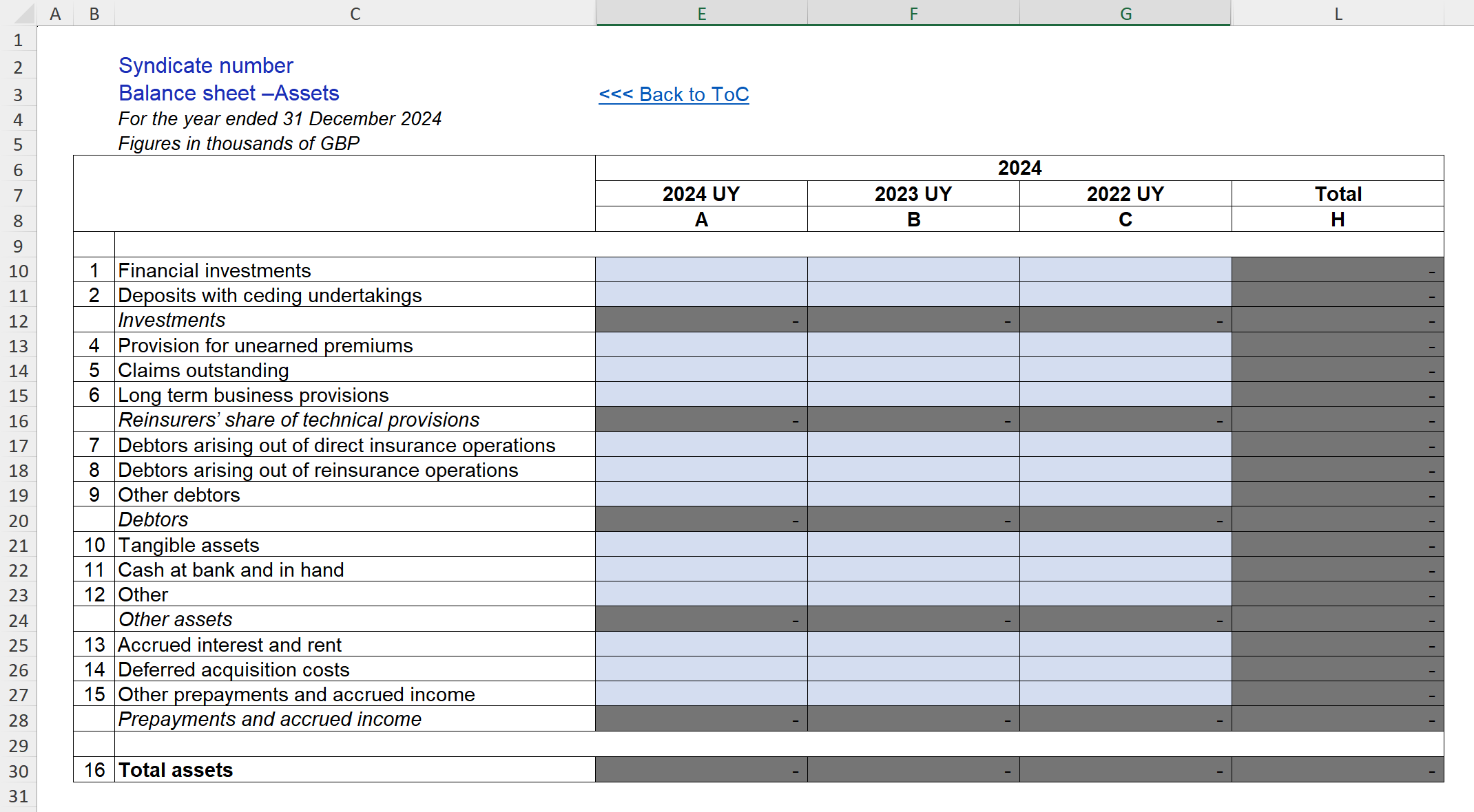 Screenshot of the Lloyd's Schedule 3 templates Balance Sheet page
