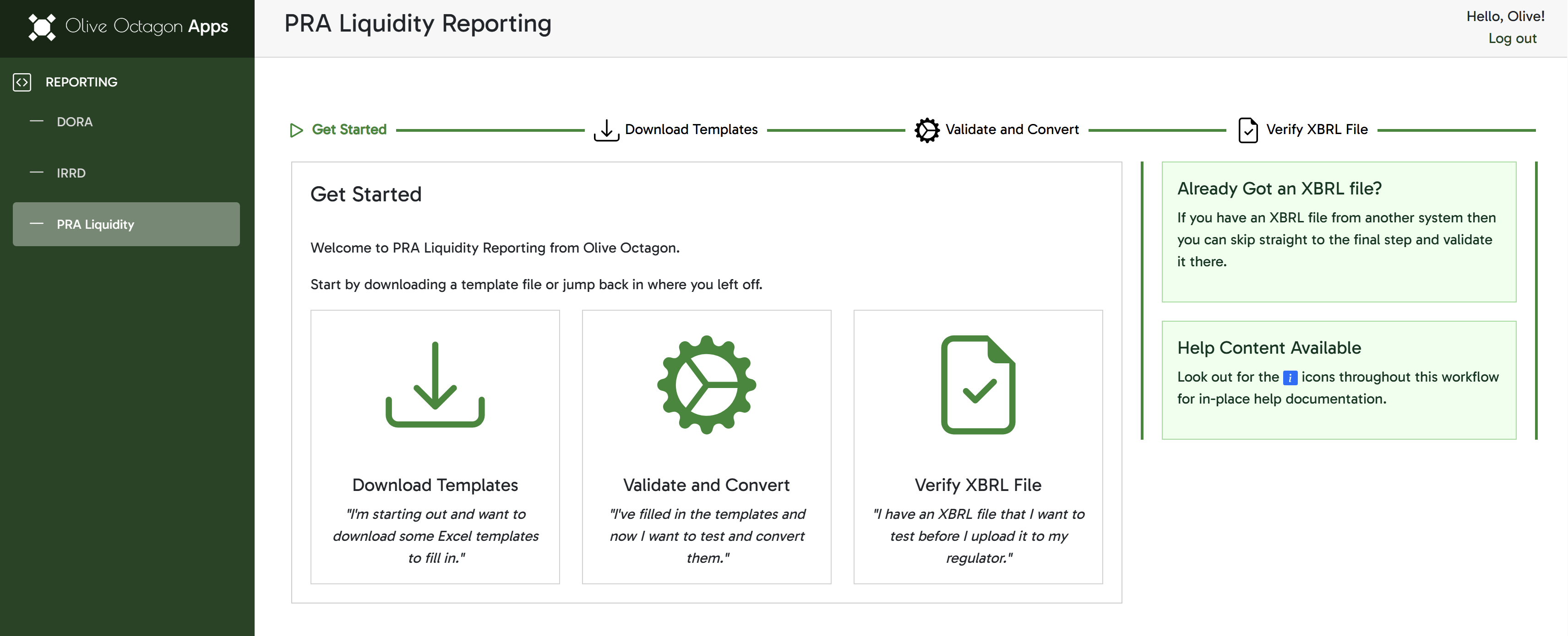 Screenshot of the PRA Liquidity workflow home screen