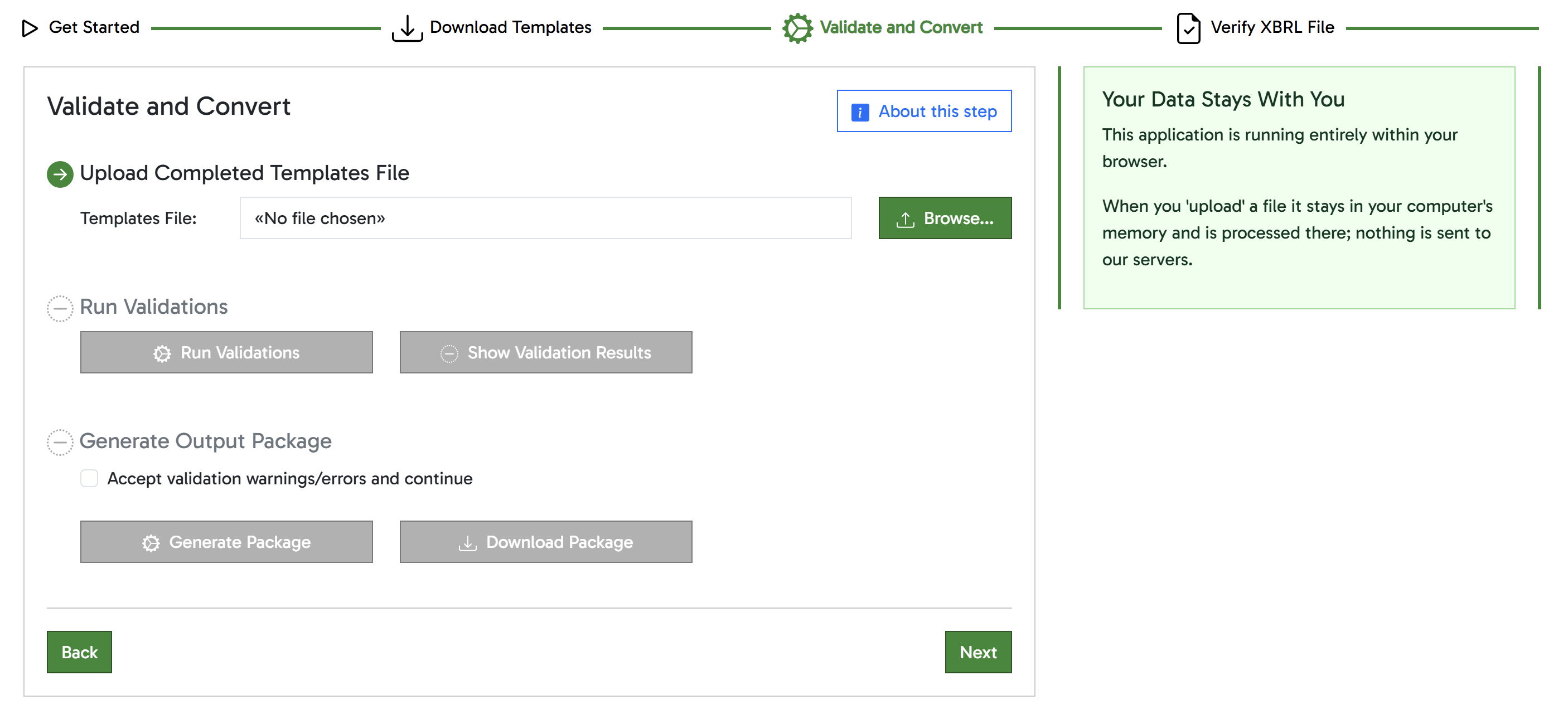 Screenshot of the validate and convert screen in the browser application